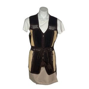 VINTAGE Suede Vest Patchwork Crochet Knit Button Front Tie Belt Size Medium